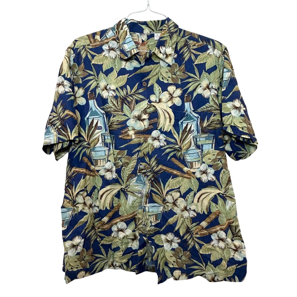Caribbean Button Down Shirt Mens Large Blue Tropical Gin Cigar Linen Coastal